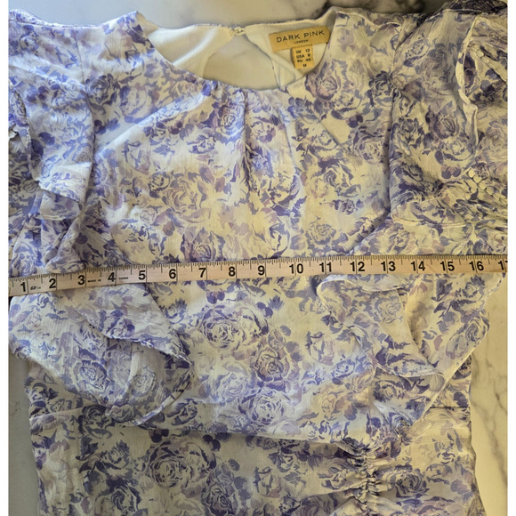 Dark Pink Dress Womens 8 Purple Floral Ruffle Boho Puff Sleeve Ruched Mini Femme - Picture 8 of 12